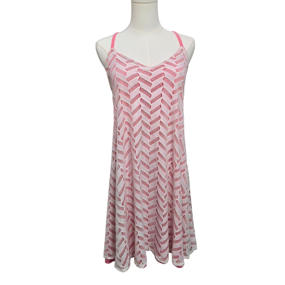 Vermilli Hawaii Pink White Chevron Mesh Racerback Mini Dress Coverup Womens XL